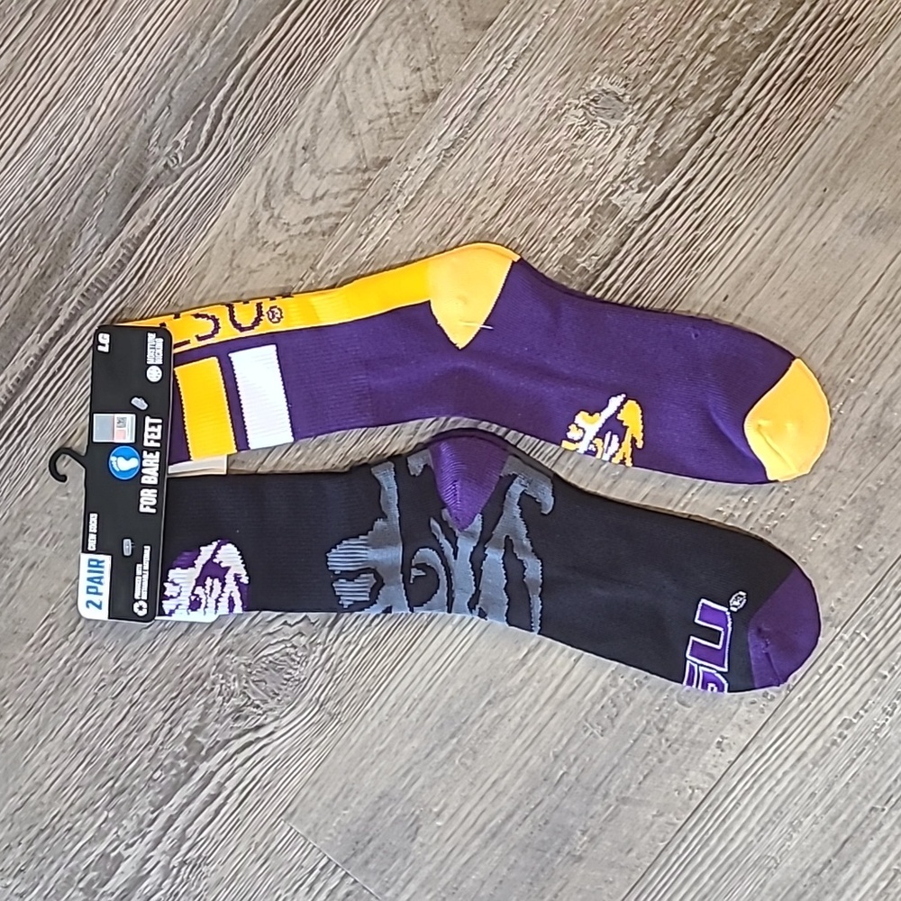 NCAA LSU Tigers 2 Pack of Cre Socks Size Large by For Bare Feet